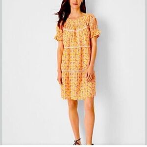 Ann Taylor Rust Yellow Beige Tiered Print‎ Comortable Boho Swing Dress Small S
